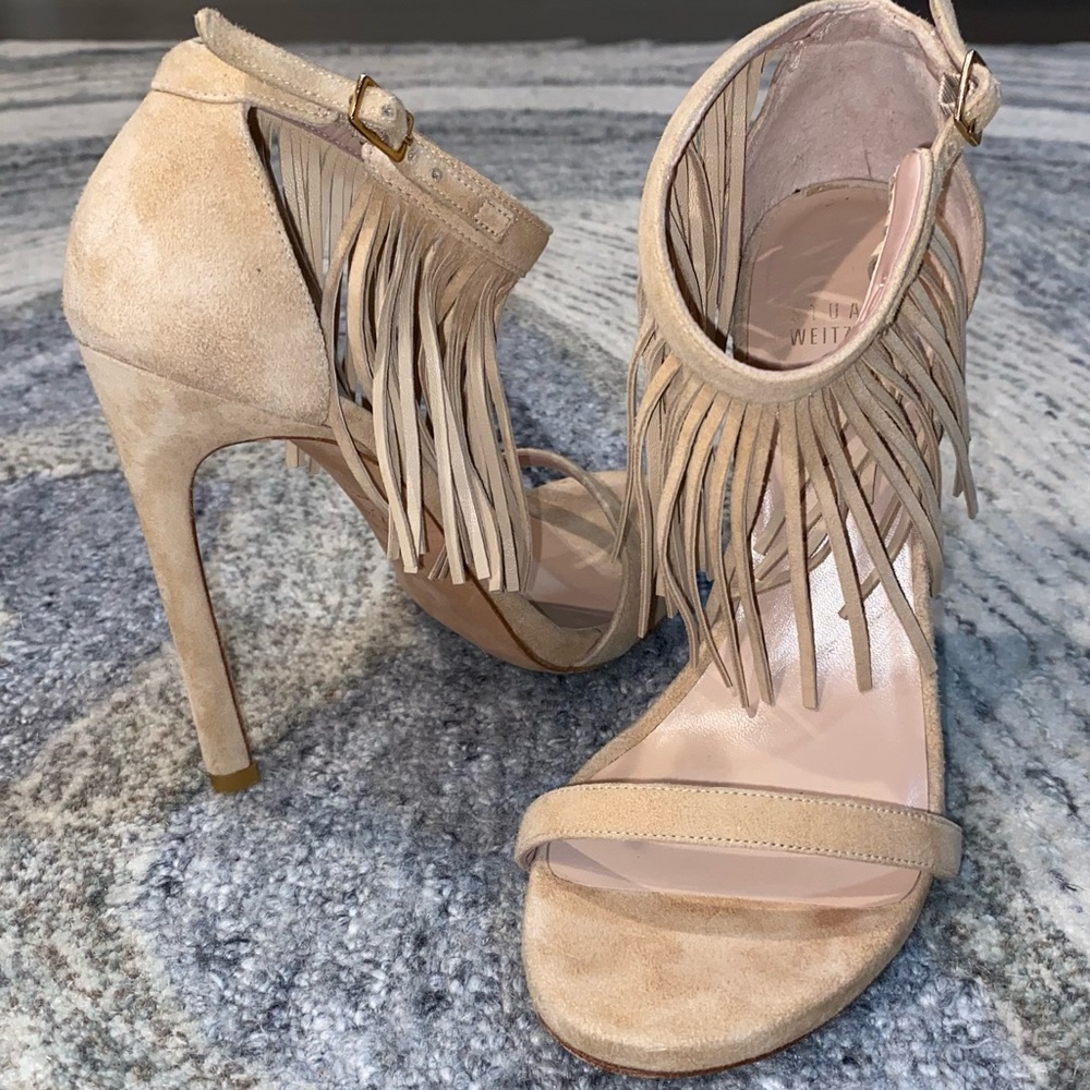 STUART WEITZMAN Lovefringe Suede Nudist Ankle Strap Fringe Sandals